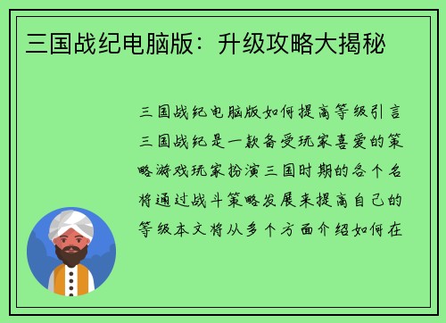 三国战纪电脑版：升级攻略大揭秘